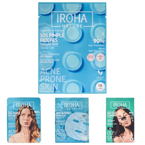 18 Parches Granos con Ácido Salicílico + 15 Parches Ganos de Estrellas y Corazones + Mascarilla Anti-Imperfecciones con Acido Salicilico y Niacinamida + 5 Tiras Nariz para Limpieza Profunda