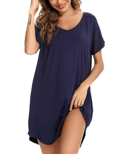 Aseniza Damen Nachthemd Kurzarm Baumwolle Nachtwäsche Negligee Loose fit Schlafhemd Kurze Sommer Schlafshirt Knielang Nachtkleid