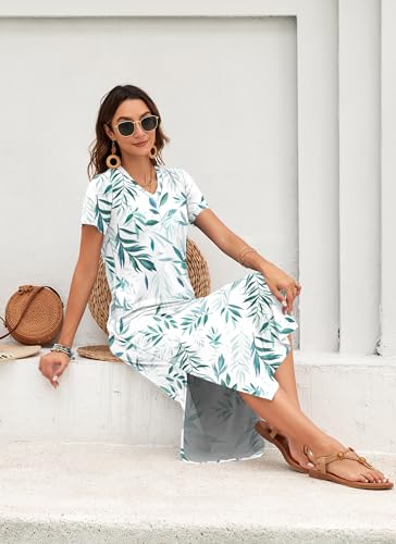 Image of MISFAY Womens Maxi Dress Short Sleeve V Neck Loose with Pockets | Soft stretchy breathable, v neck loose fit, side split hem, two side pockets, casual daily beach vacation travel dress