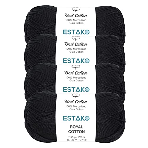 Image of Estako Royal Cotton, (4 Skeins Pack) 100% Mercerized Giza Cotton Yarn, Soft, Super Fino for Crochet and Knitting (4 x 1.76 Oz) / (4 x 137 Yrds) (5057 - Black)