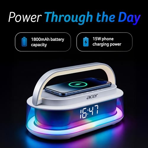 acer GlowTime Alarm Clock Bluetooth Speaker with 15W Wireless Charging | 10W Stereo Output (5W×2) | 13 RGB Lighting Effect | FM, USB/TF/AUX | Timer, White Noise, 12/24H LED Display | 1800mAh Battery view 2