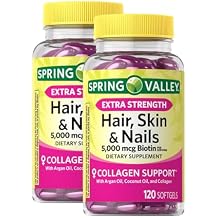 Extra Strength Hair Skin Nails 5000 mcg Biotin 120 Softgels - Hair Skin Nails Vitamins for Women, Hair Vitamins for Hair Loss for Collagen Support Pack of 2