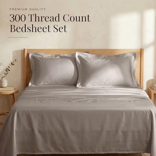 Image of Huesland Premium 100% Pure Cotton Luxe Soft Touch 300 Thread Count Bedsheet for Double Bed King Size with 2 Pillow Covers | Perfect Greige | 108 x 108 inches