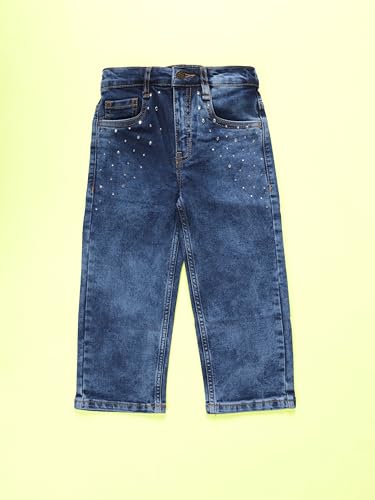 Image of KiddoPanti Girls Solid Waist Elasticated Straight Fit Jeans