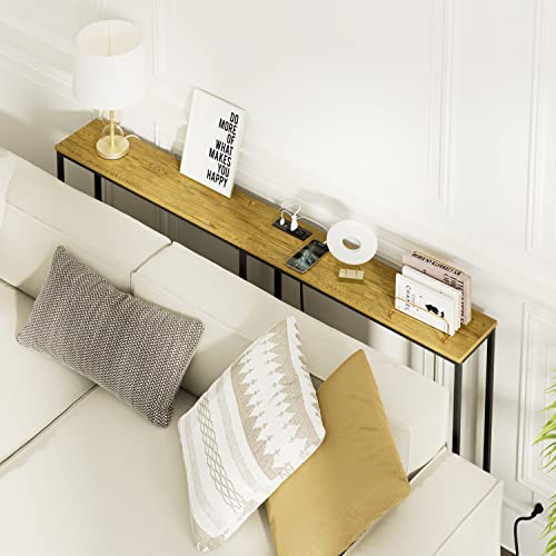 Image of 63 Inch Console Table with Power Outlet,Modern Narrow Long Sofa Table Behind Couch,Skinny Entry Table with Black Metal Frame for Entryway,Living Room, Hallway,3D Oak