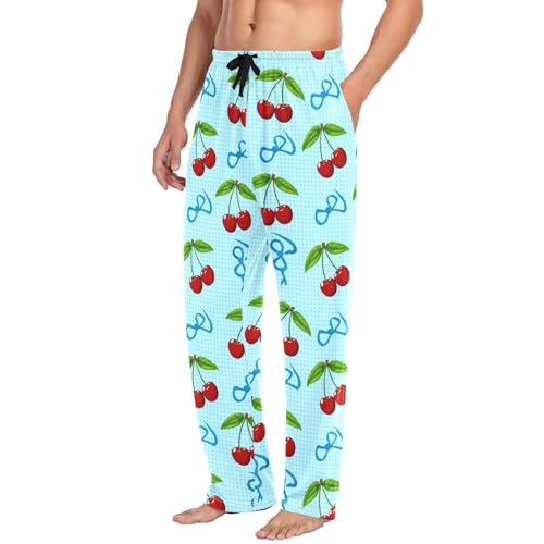 Cherry Blue Bows Men's Cotton Pajama Pants with Pockets and Drawstring Comfortable and Stylish,S4