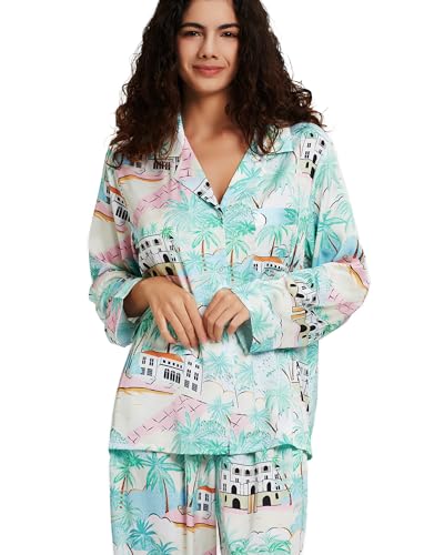Image of YiNi LuLu Womens Silk Satin Pajamas Set Button Down 2 Piece Pjs Long Sleeve Oversized Sleepwear with Pockets
