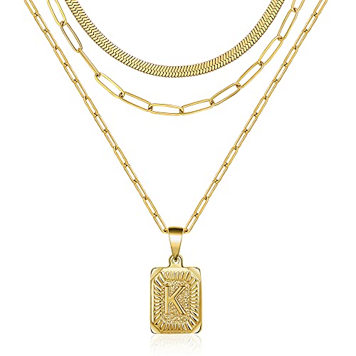 JoycuFF Dainty Necklaces for Women 18K Gold Plated Paperclip Necklaces Novel Herringbone Chain Simple Cute Letter Pendent Layered Gold Initial Necklaces K