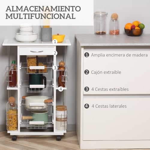 Miniatura 3 de Homcom Carrito De Cocina Con Ruedas Y Encimera Baldosada Carrito Verdulero Con Cajón, 4 Cestas Metálicas Y 4 Porta Especias Laterales Para Comedor 57x37x83 Cm Blanco