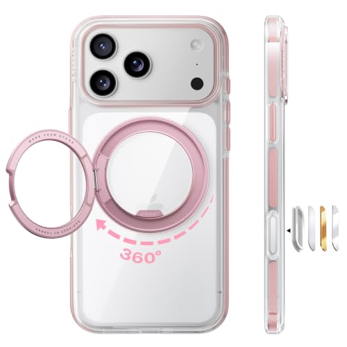 Image of TORRAS 360 Magnetic Stand for iPhone 17 Pro Case, Ultra Clear, Rosy Pink | Fit for MagSafe, 4X Military-Grade Protection, Anti-Yellow, Camera Button, Slim Non-Slip, For Women 6.3 inch, O3 Light Series