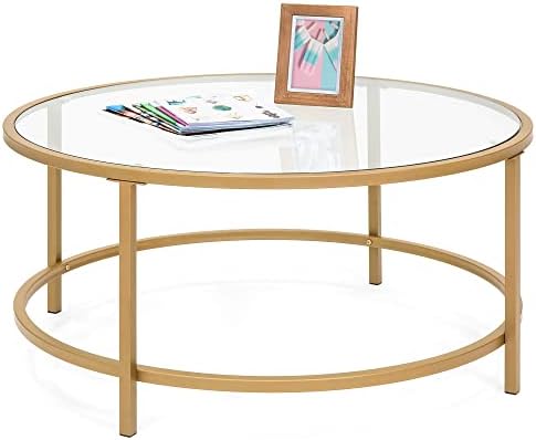 Best Choice Products 36in Modern Round Tempered Glass Accent Side Coffee Table for Living Room, Dining Room, Tea, Home Décor w/Satin Trim, Metal Frame, Non-Marring Foot Caps - Bronze Gold