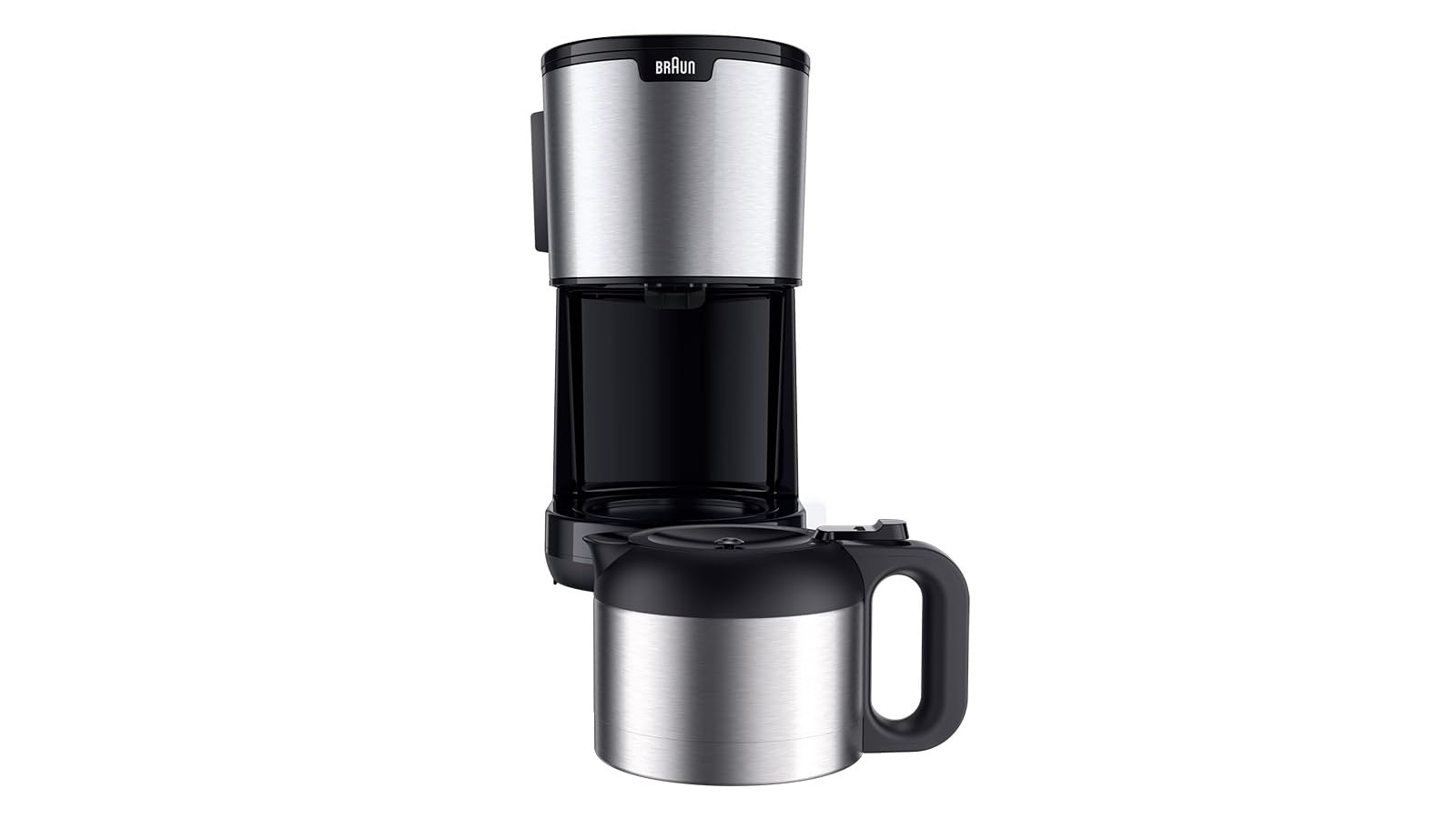 Braun PurShine KF1505 BK Cafetera de filtro, jarra térmica de acero inoxidable de 1,2 l para hasta 9 tazas, sistema OptiBrew, función antigoteo, cesta de filtro giratoria, apagado automático, 1000 W,