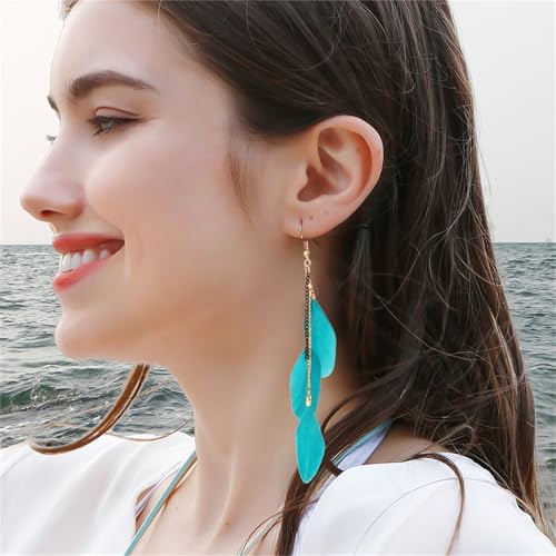 Bohemian Colorful Feather Earrings for Women Ethnic Retro Bohemian Long Chain Feather Earrings Vacation Handmade Vintage Multicolor Tassel Feather Earrings Lightweight Feather Drop Dangle Earrings Jewelry Gift (Turquoise)4