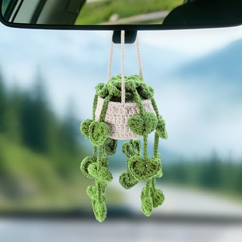 UapBtaei Cute Crochet Plant Leaf for Car Rear View Mirror, Crochet Hanging Plant, Green Interior Boho Car Mirror Hanging Accessory， Suitable for Aesthetic Car Accessory for Plant Lovers & Women