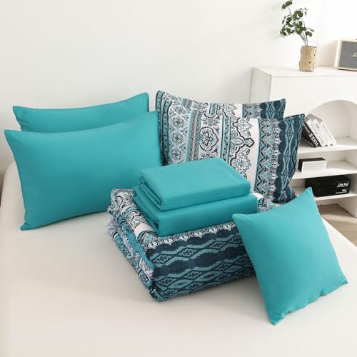 Image of Cottolester Boho King Size Comforter Set 8 Pieces, Teal Comforter Bohemian Striped Bed in A Bag, Soft Microfiber Bedding Set for All Seasons
