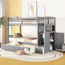 CITYLIGHT Bunk Beds Twin Over Full/Twin with Stairs, Wood Bunk Beds with Storage Drawers and Shelves, Convertible Bottom Bed, Stairway Bunk Bed for Bedroom,Dorm,Grey