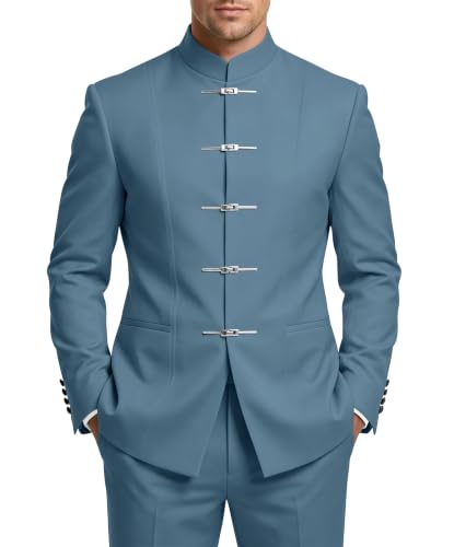LAYEREDJPXZV Grey Blue Chinese Suits for Men Slim Fit 2 Piece Men's Mandarin Collar Suits Grey Blue with Buckle Chinese Tunic Suit for Wedding Prom Business XS