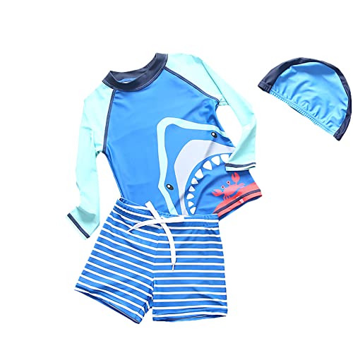 Kinder Jungen Bademode Badeanzug Kurzarm UV-Schutz Bade-Set T-Shirt Badeshorts mit Badekappe(Dunkelblau, 134-140) Cover