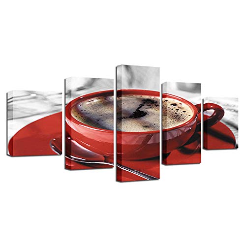 Tableau tasses à café rouge 5 pièces en toile intissée moderne pour salon
