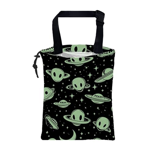 Car Trash Bag Abstract Green Aliens and UFO Leak-Proof Car Garbage Bag with Drawstring Foldable Canvas Trash Bin with Adjustable Buckle for Car Accessories