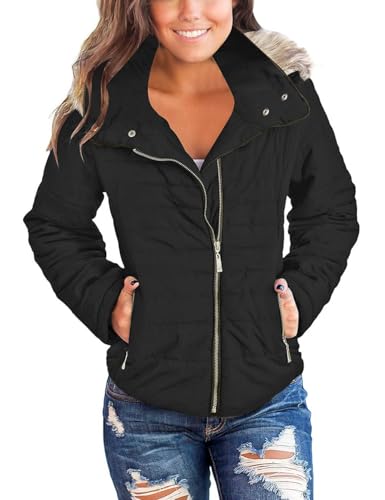 Vetinee Women Black Hooded Faux Fur Lapel Zip Pockets Quilted Parka Jacket Casual Puffer Coat Size Medium(US 8-10)