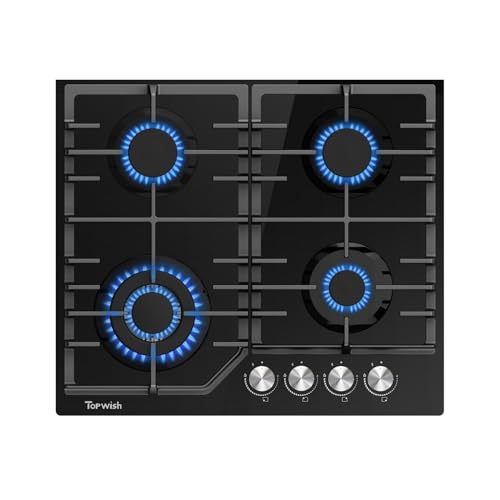 TOPWISH cocina de gas 4 fuegos,cocina de gas,placa de gas,cocina gas con soportes de hierro fundido,natural/propano convertible,válvulas de seguridad,apagado automático, vitrocerámica,60cm,8000 Watt