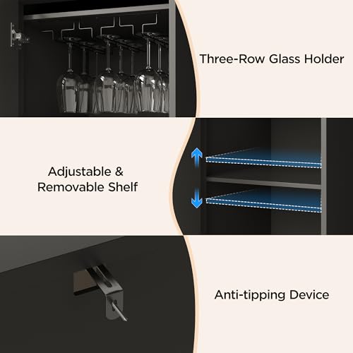 Vabches Coffee Bar Cabinet with Mini Fridge Space, Mini Fridge Cabinet with Wine Storage & Power Outlet, Liquor Cabinets with Glass Holders, Home Bar for Dining Room, Kitchen, Living Room, Black - Thumbnail 7