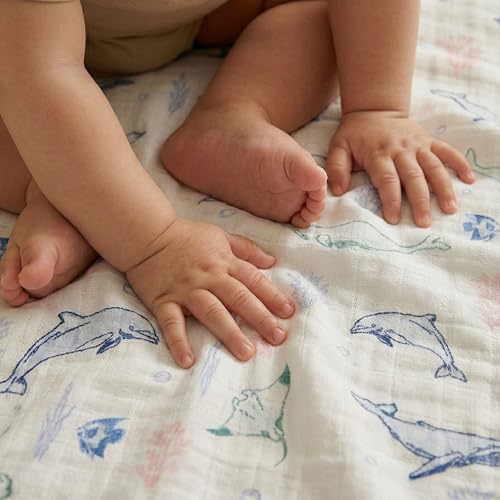 Image of GLLQUEN BABY Muslin Swaddle Blankets 4-Pack Breathable Receiving Blankets (35 inch x 40 inch) Soft Baby Blankets for Girls and Boys Newborn Essentials Muslin Burp Cloths Swaddle Wrap Baby Gift(Ocean Whimsy)