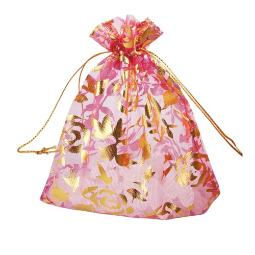 Image of 100 pcs 3.5 x 4.7 Inch Flower Heart Organza Jewelry Gift Pouch Candy Pouch Drawstring Wedding Favor Bags X92 (fuchsia gold flower)