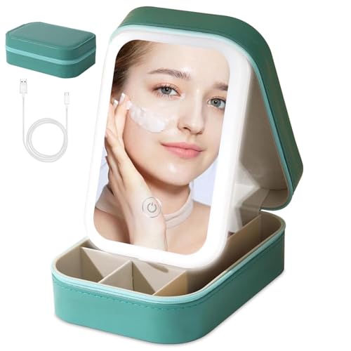 Image of APOPHIS Small Travel LED Makeup Mirror Case with 3 Adjustable Color Light Settings, Dust-Proof Jewelry Box, Mini Cosmetic Train Case Ideal for Short Trips, White, Cosmetic Bag with Led Mirror (Green)
