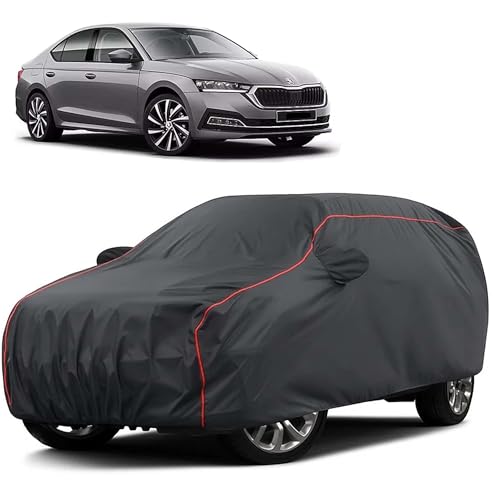 Image of Sulfar 100% Water Resistant Car Body Cover Compatible with Mirror for Skoda Octavia (Triple Stitched, Full Bottom Elastic, Dark Grey Taffeta with Red Piping)