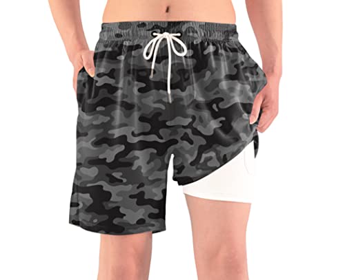 Camouflage Men's Swim Trunks with Compression Liner Bathing Suits Printed Board Shorts with Boxer Brief Lined4