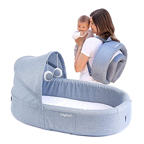 Image of Lulyboo Indoor/Outdoor Cuddle & Play Baby Travel Lounge, Portable, Adjustable Baby Nest Backpack, Denim/Blue