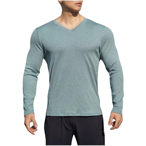 Men's Solid Color V-Neck Casual Fashion Shirts Long Sleeve Lightweight Quick Dry Swim T-Shirts Rash Guard Top