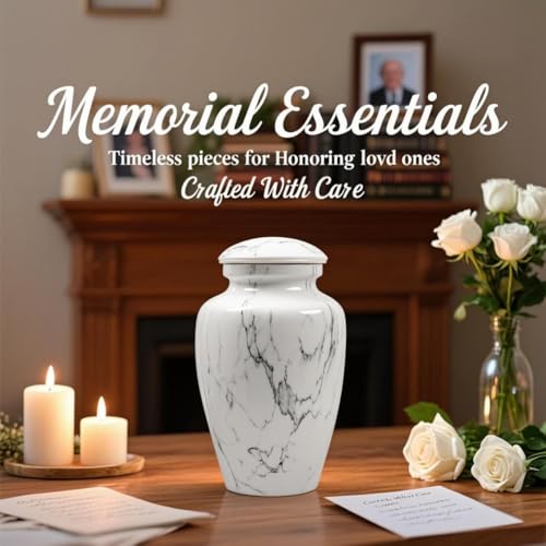 Image of White Marble Finish Urn for Ashes Adult Male Female | Large Cremation Urn for Human Ashes Men and Women,Memorial Urn for Dad /Father /Grandpa /Brother(Includes Velvet Bag)