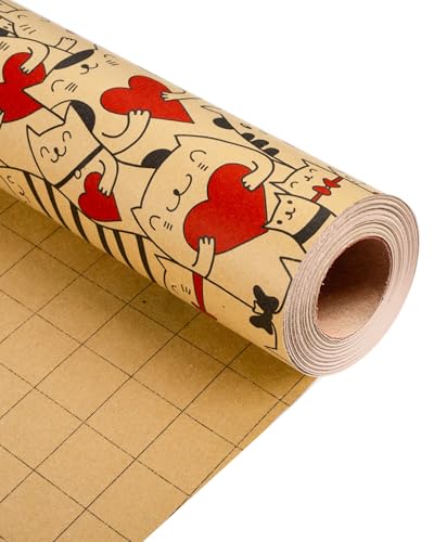 MAYPLUSS Cat Wrapping Paper Roll Kraft Cat Gift Wrapping Paper Featuring Red Heart and Cute Animal for Girl Women Kids Birthday Anniversary Valentines 17 Inches X 33 Feet