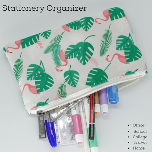 Image of VISMIINTREND Tropical Flamingo and Leaf Flat Pouch - Perfect for Girls & Boys, School | College | Office | Doument | Stationery | Make up | Travel