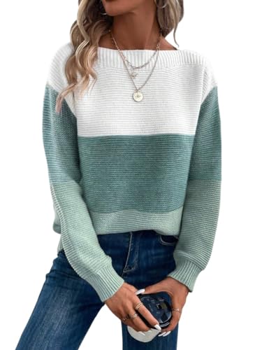 Sweaters For Women Fall Fashion Casual Rib-Knit Colorblock Drop Shoulder Sweater Long Sleeve Sweater
