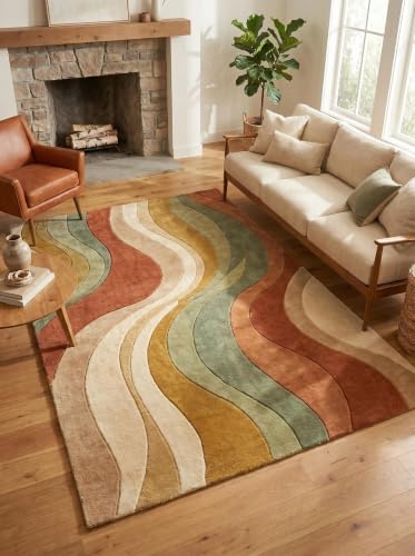 Image of Hand Tufted Premium Wool Abstract Wavy Pattern Carpet for Living Room, Bedroom, Office & Home Decor Size 12x18 Feet