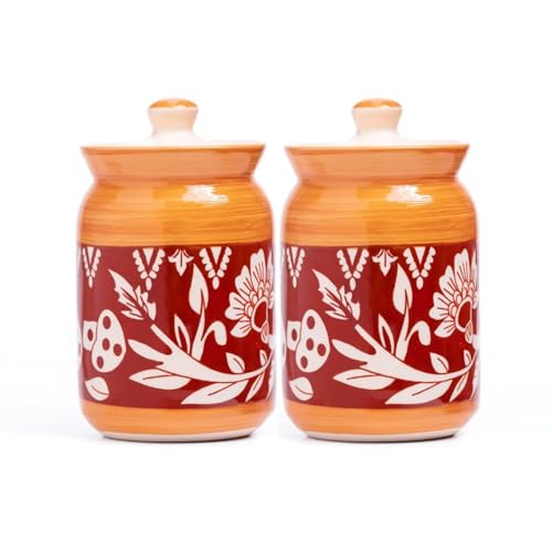 Image of Orange Mushroom Ceramic Handglazed Pickle Jars Set of 2-1000 ML Each | 1 kg Achaar Martban Barni Jar with Lid | Ceramic Storage Jar Container Pickle, Chatney