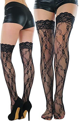 Image of ToBeInStyle Women's Wide Floral Lace Fishnet Thigh Hi Stockings