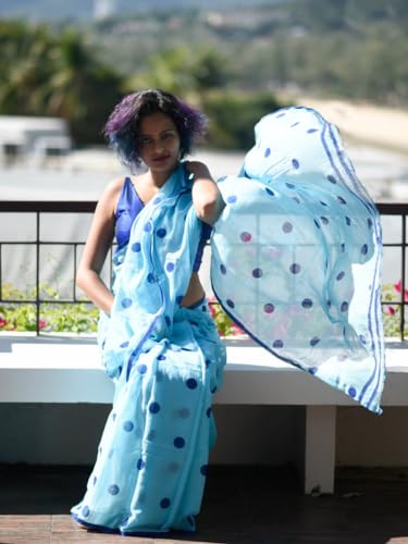 Image of Sidhidata Women's Polka Dot Printed Linen Cotton Saree With Unstitched Blouse Piece (Laddu Free Size)