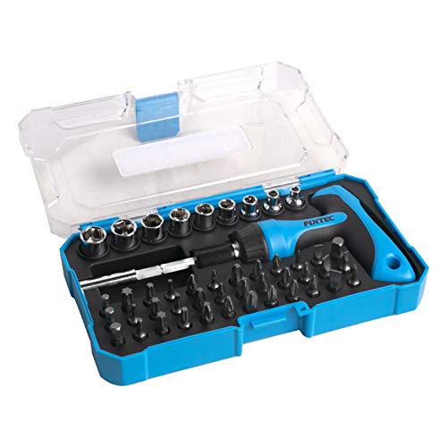 FIXTEC 47-Piece Screwdriver Bit Set Ratchet Wrench Magnetic T-Handle Home Repair Kit with Plastic Toolbox Storage Case