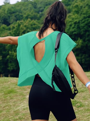 Image of SENSERISE Womens Open Back Workout Tops Backless Short Sleeve Athletic Shirt Running Crop Top Gym Yoga Tee