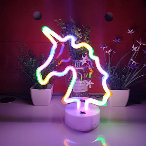 JYWJ Unicorn Neon Sign with Holder Base,USB or 3-AA Battery Powered Neon Light,LED Desktop Wall Decoration,Various Parties,Decoration of Business Premises (Color)