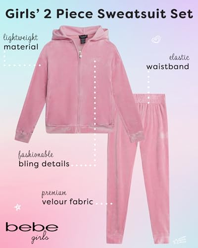 bebe Girl's Sweatsuit Set - 2 Piece Velour Zip Sweatshirt and Jogger Sweatpants - Youth Tracksuit Set for Girls (7-12)2