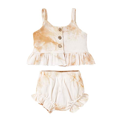 Viworld Baby Girl Summer Tie Dye Outfits Toddler Girl Sling Knitted Shirt Ruffle Shorts 2Pcs Clothes(Beige,5-6Years)