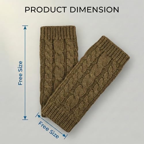 Image of Kraptick Women's Cable Knit Fingerless Gloves - Winter Soft Woolen Arm Warmers with Thumb Hole - Thermal Half Finger Mittens for Typing, Driving & Texting (Free Size, Khaki)