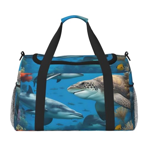 Dolphins Sea Turtle Shark Octopus Coral Reef Print Stylish Foldable Carry On Tote with Waterproof Zipper for Weekend Getaways Bag