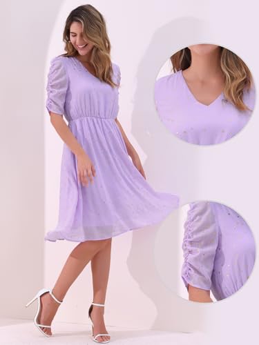 Image of Allegra K Chiffon Dress for Women's Metallic Stars Ruched Sleeve V Neck A-line Dress